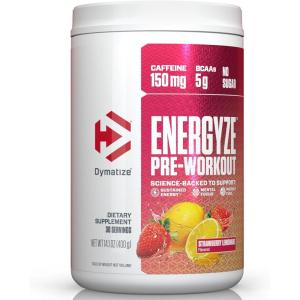 imageDymatize Energyze Pre Workout Powder for Men and Women Strawberry Lemonade Flavor 150mg Caffeine 5g BCAAs Performance Blend of LTheanine LTyrosine LCitrulline No Sugar 30 ServingsStrawberry Lemonade