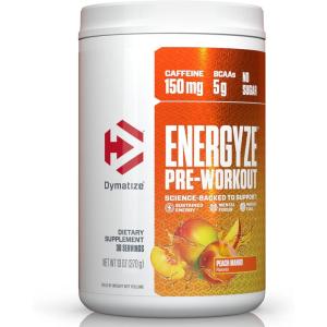 imageDymatize Energyze Pre Workout Powder for Men and Women Strawberry Lemonade Flavor 150mg Caffeine 5g BCAAs Performance Blend of LTheanine LTyrosine LCitrulline No Sugar 30 ServingsPeach Mango